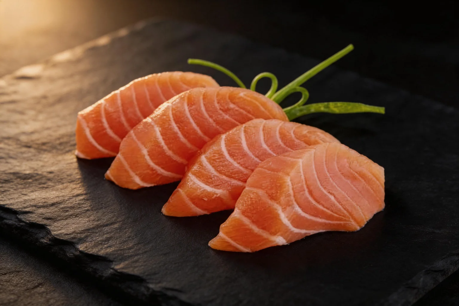 Sashimi saumon sur ardoise sombre.