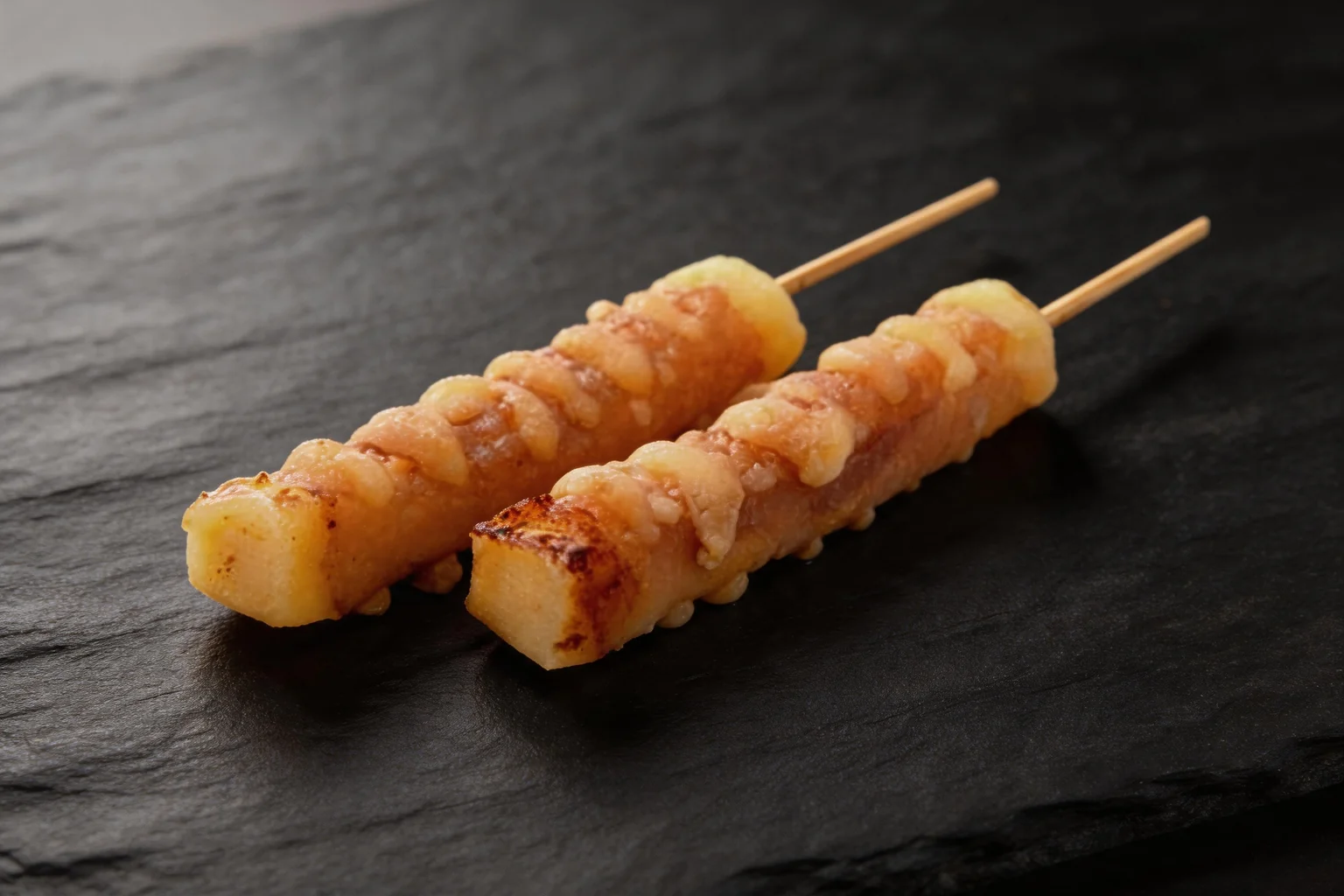 Brochettes boeuf au fromage sur ardoise sombre.